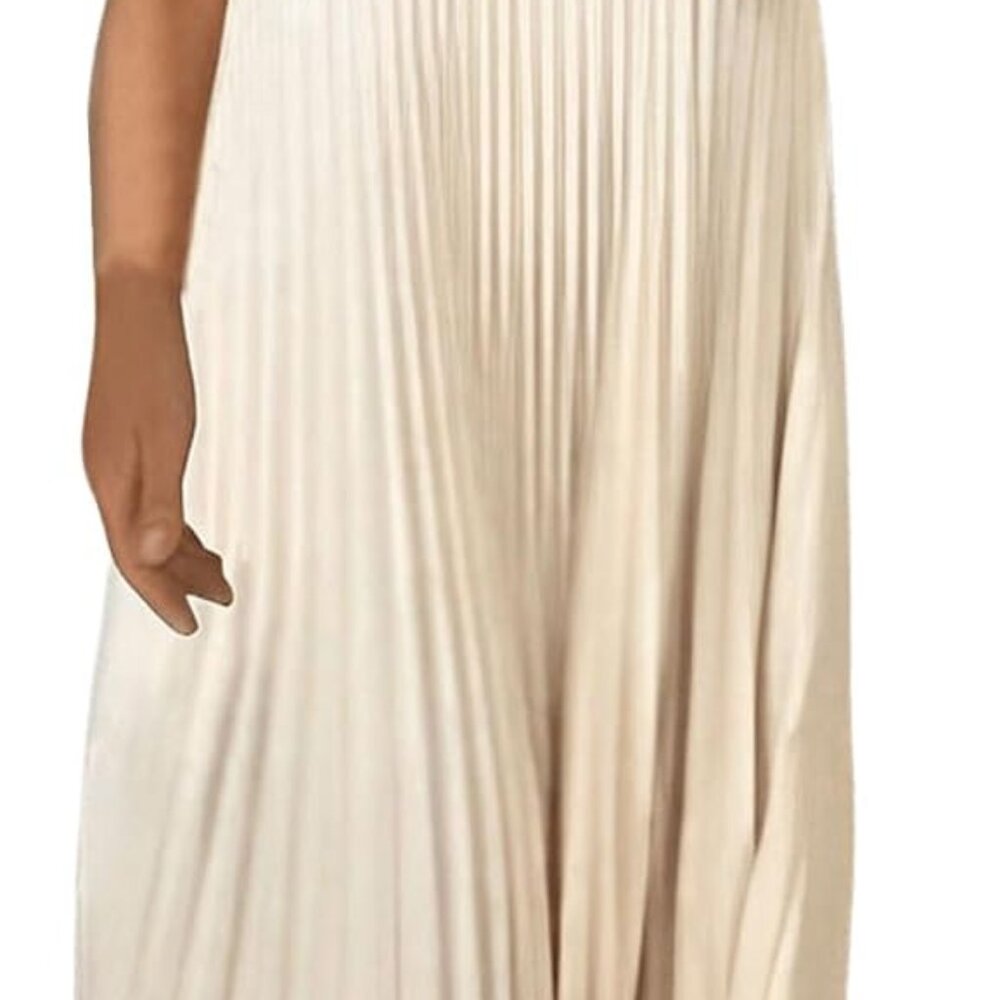 Women's Pleated Church Maxi Dresses Summer Casual Short Sleeve Crew Neck Flowy L